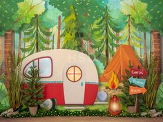 a painting of a camper in the woods with trees and signs pointing to different destinations