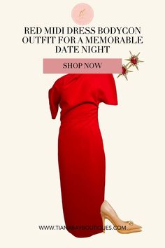 Make your date night unforgettable with a red midi dress that hugs every curve. 💃 Perfect for a classy woman, this bodycon outfit is a dressy date night essential. Bodycon Outfit, Classy Date Night, Classy Date Night Outfit, Red Midi Dress Bodycon, Classy Fall Outfits, Classy Jumpsuit, Feminine Wardrobe, Red Midi, Classy Shoes