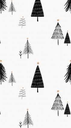 black and white christmas trees on a white background with gold stars in the middle,