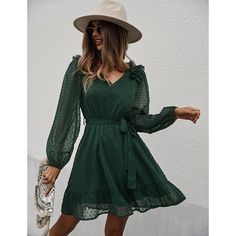 Dark Green Ruffle Detail V Neck Long Sleeve Dress Mini Cocktail Dresses, Long Sleeve Backless Dress, Boho Floral Maxi Dress, Sleeveless Dresses Casual, Mesh Maxi Dress, Elegant Maxi Dress, Flirty Dresses, Flounced Dress, Long Sleeve Print Dress