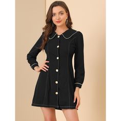 A great addition to your wardrobe is the shirt dress, which is always in trend. A contrast trim adds impeccable vintage to this long-sleeved dress. Add some sparkle to your look with this A-line dress featuring a peter pan collar and lovely contrast piping for enhanced femininity. This fitted and flared dress features button detailing at the front, long puff sleeves, and an A-line silhouette. The fitted and A-line dress construction adds a playful touch to your outfit, and the button detailing c Single Breasted Long Sleeve Mini Dress For Office, Black Long Sleeve Vintage Mini Dress, Vintage Black Long Sleeve Mini Dress, Party Shirt Dress With Long Sleeves And Buttons, Party Long Sleeve Shirt Dress With Buttons, Long Sleeve Shirt Dress For Party With Buttons, Long Sleeve Mini Dress With Button Closure For Work, Single-breasted Long Sleeve Mini Dress For Fall, Single Breasted Long Sleeve Mini Dress For Fall