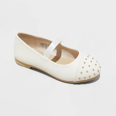 Spruce up your little one's shoe selection with these Ivy Slip-On Ballet Flats from Cat & Jack™. These shoes boast a white faux-leather upper embellished with gold nailheads on the front toe, making them perfect for any occasion from playdates to parties. Featuring an elasticized instep strap, the ballet flats with a round toe are a versatile addition to their wardrobe. Cat & Jack™: Designed for all children so you can trust it's made for yours. Gold Nail, The Ballet, Rubber Shoes, Baby Shorts, Mary Jane Flats, Girls Toddler, Cat & Jack, Western Boots, Kid Shoes