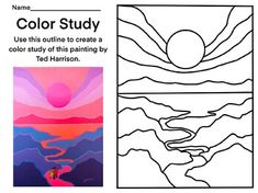 an image of a coloring book with the title'color study use this outline to create a color study of this painting by ted harrison