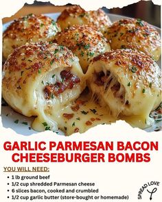 Get Ready to Indulge in Garlic Parmesan Bacon Cheeseburger Bombs! 🍔🧄🧀🥓 ✨ Ingredients: 1 lb ground beef ½ cup shredded Parmesan cheese 6 slices bacon, cooked and crumbled ½ cup garlic butter (store-bought or homemade) 1 can refrigerated biscuit dough 1 tablespoon garlic powder Salt and pepper to taste ✨ Instructions: Preheat Your Oven: Set it to a delicious 375°F (190°C). Prepare the Flavor-Packed Filling: In a bowl, combine the ground beef, Parmesan cheese, crumbled bacon, garlic powder, s... Garlic Parmesan Bacon Cheeseburger, Garlic Butter Bacon Cheeseburger, Garlic Parmesan Bacon Cheeseburger Bites, Garlic Butter Bacon Cheeseburger Rollups, Gameday Party Food, Homemade Cheeseburgers, Biscuit Dough, Work Meals, Bacon Cheeseburger