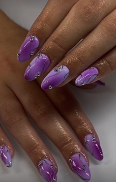 Purple Mix And Match Nails, Purple Butterfly Nail Designs, Purple Aesthetic Nails, Purple Butterfly Nails, Birthday Nail Designs, Butterfly Nail Designs, G Nails, Long Acrylic Nail Designs