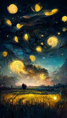 the night sky is full of yellow lights, and there are trees in the foreground