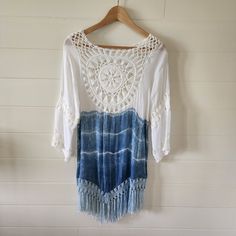 New Without Tags Bohemian Beach Coverup Handmade In A Small Island Of Thailand (Koh Kood) Crocheted Center Top And Bottom With Tassels. Light Gauze Like Fabric In Blue And White. Perfect For Any Beach Getaway Or Relaxing By A Poolside! No Size However Would Fit Xs To Medium Koh Kood, Beach Getaway, Bohemian Beach, Beach Getaways, Small Island, Womens Swim, Tassels, Thailand, Cover Up