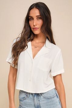 White Button-Up Top - Short Sleeve Top - White Collared Crop Top - Lulus Summer Tops With Camp Collar And Buttons, Summer Tops With Button Closure, Solid Summer Tops With Button Closure, Summer Blouse With Button Closure, Summer Blouse With Buttons And Camp Collar, Solid Color Summer Tops With Button Closure, Chic Tops With Button Closure For Vacation, Chic Vacation Tops With Button Closure, Linen Tops With Button Closure For Vacation