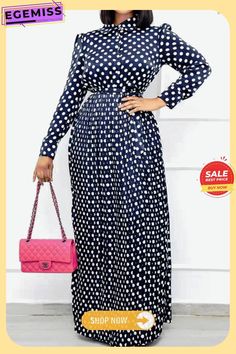 Fashion Casual Dot Print Basic Turndown Collar Long Sleeve Dresses Fitted Long Sleeve Polka Dot Maxi Dress, Polka Dot Long Sleeve Maxi Dress For Fall, Casual Polka Dot Maxi Dress For Fall, Long Sleeve Dresses, Turndown Collar, Sleeve Dresses, Dot Print, Fashion Casual, Casual Fashion