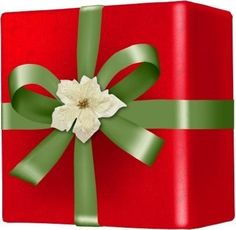 a red gift box with green ribbon and a white flower