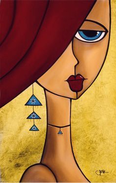 a painting of a woman's face with blue eyes, red hair and pyramids hanging from her head