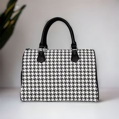 "Boho Houndstooth Top Handle Vegan leather handbag, balck and white women vegan leather purse, pu leather canvas bag, hippies boho gift >>PRODUCT INFO<< Type: Canvas & PU leather, Zippered Top Closure, 13.4\"(L) x 6.3\"(W) x 9.0\"(H), Twin-side Printings 17.64 Oz. Designed for fashion lady, stylish and personalized. Made from canvas material and high-grade PU leather. Two side pockets with snap buttons, easy to close. Lined interior features backwall zippered, large capacity. Double handles, mea Leather Canvas Bag, Canvas Leather Bag, Boho Gifts, Leather Purse, Leather Handbag, Satchel Bags, Canvas Bag, Saddle Bags, Leather Purses