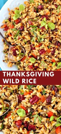 thanksgiving wild rice salad on a white plate with spoons