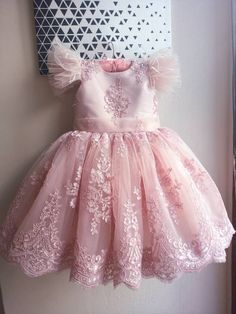 Powder Pink Baby Girl Birthday Dress Outfit Fitted Ball Gown Princess Dress For Birthday, Princess Style Fitted Ball Gown For Birthday, Fitted Tulle Ball Gown For Birthday, Pink Ball Gown For Baptism, Princess Style Pink Ball Gown For Baptism, Cute Fitted Princess Dress For Pageant, Pink Fitted Ball Gown For Baptism, Elegant Fitted Ball Gown For Birthday, Birthday Dress Outfit