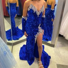 New Royal Blue Sequence Dress With Train. Blue Sequined Gown For Banquets, Blue Sequined Gown For Banquet, Royal Fitted Party Dress, Royal Style Fitted Party Dresses, Royal Dresses For Banquet During Prom Season, Blue Sequined Gown For Prom Season, Blue Long Sleeve Gown For Prom, Royal Floor-length Dresses For Gala, Royal Blue Long Sleeve Prom Dress