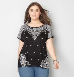 Shop must-have plus size tops for spring in sizes 14-32 like the Scroll Criss Cross Back Top available online at avenue.com. Avenue Store Tops For Spring, Stitch Fix, Criss Cross, Knit Top