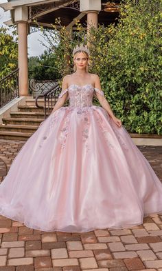 Blush pink a-line quinceanera ball gown with off the shoulder straps and sweetheart neckline. Off-shoulder Quinceanera Dress For Prom Season, Off-shoulder Quinceanera Dress For Prom, Off-shoulder Quinceanera Dress With Fitted Bodice, Pink Strapless Ball Gown For Prom Season, Off-shoulder Quinceanera Dress With Fitted Bodice For Prom Season, Fitted Bodice Ball Gown For Quinceanera, Elegant Quinceanera Dress With Fitted Bodice For Homecoming, Fitted Bodice Off-shoulder Quinceanera Dress For Prom, Elegant Off-shoulder Quinceanera Dress For Debutante Ball