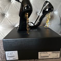 Ysl Opyum 110 Heels. Stunning On And Never Worn Out Of The House. Buchona Shoes, Lyss Boss, St Laurent Heels, Ysl High Heels, Lv Heels, Yves Saint Laurent Heels, Shoes Ysl, Heels Aesthetic, Fashion Shoes Heels