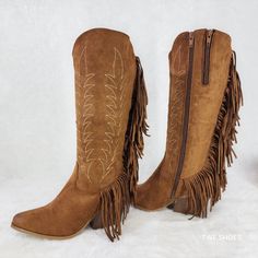 Brand New - Color Is Whiskey Faux Suede Distressed Details Back Fringe Details Composite Sole And Heel Full Inside Zipper With A 2nd Pant Tuck Zipper To Give Extra Inches At The Top Opening If Needed!! Top Opening 14" Approx (With Tuck Zipper Open 16" Approx) Measured On Size 7 Heel Height Approx. 3" Western Style Closed Toe Mid-calf Boots For Winter, Winter Knee-high Boots For Rodeo, Western Style Mid-calf Boots With Closed Toe For Winter, Brown Closed Toe Knee-high Boots For Winter, Leather Fringe Boots For Fall, Fall Season Moto Boots With Round Toe For Rodeo, Western Style Suede Mid-calf Boots For Winter, Western Style Faux Leather Moto Boots For Fall, Fall Rodeo Boots With Round Toe