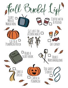 the fall bucket list with pumpkins, books and other things to do on it