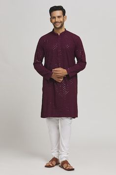 Dark maroon cotton kurta with mirror and thread embroidered geometric pattern. Comes with churidar. - Aza Fashions Wedding Cotton Sherwani With Mirror Work, Cotton Sherwani With Mirror Work For Wedding, Eid Cotton Silk Kurta With Mirror Work, Cotton Silk Sherwani With Chikankari Embroidery For Puja, Diwali Cotton Silk Kurta With Mirror Work, Eid Cotton Sherwani With Mirror Work, Cotton Sherwani With Gota Work For Festive Occasions, Festive Cotton Sherwani With Gota Work, Diwali Kurta With Mirror Work For Puja