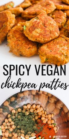 the ingredients for spicy vegan chickpea patties are shown in this collage