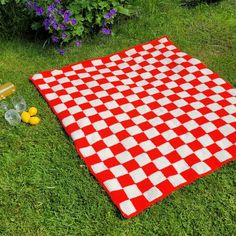 a red and white checkered blanket sitting on the grass next to some lemons