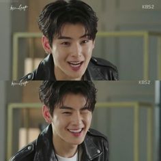 two pictures of the same person with different facial expressions and hair styles, one is wearing a black leather jacket