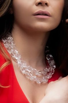 This is a timeless statement necklace made of 2 strands of beautiful clear Quartz with silver pave accents and sterling silver toggle closure.  The Quartz is extremely clear and each nugget measures 25x20mm.  Looks like ice in the summer or the winter.  Definitely a necklace that will be noticed. Elegant Clear Single Strand Crystal Necklace, Elegant Single Strand Clear Crystal Necklace, Elegant Clear Faceted Crystal Necklaces, Elegant Single Strand Clear Necklace, Elegant Clear Faceted Necklaces, Elegant Faceted Clear Necklace, Elegant Clear Faceted Necklace, Classic Clear Crystal Jewelry, Studio Workspace