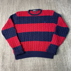 Vintage 90s Polo Ralph Lauren Small Pony Cable Rope Striped Pattern Basic Preppy Casual Multi Color Knit Sweater Large Mens Condition:  Excellent Used Condition  = No Flaws Measurements: Please see photos above for all measurements IF YOU BUY TWO OR MORE ITEMS USE THE CODE BUNDLE @ CHECK TO SAVE 20% WE SHIP WITHIN 24 HOURS AFTER PURCHASE! Please be aware that we do not offer free returns!! The Buyer is responsible for the cost of the return label.  Follow us on TikTok & Instagram @findsnostalgic Casual Multicolor Sweater With Ribbed Collar, Vintage Knit Sweater With Ribbed Collar, 90s Red Winter Sweater, Red 90s Style Winter Sweater, 90s Fitted Crew Neck Sweater, Fitted 90s Crew Neck Sweater, Fitted Crew Neck Sweater 90s Style, Casual Fitted Knitted Polo Sweater, Retro Cable Knit Tops For Fall