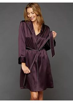 The Splendid Silk Short Robe | Julianna Rae Silk Fitted Robe For Loungewear, Fitted Silk Robe For Loungewear, Elegant Long Sleeve Sleepwear, Fitted Long Sleeve Silk Robe, Satin Robe For Daywear, Elegant Long Sleepwear For Evening, Elegant Long Sleeve Evening Sleepwear, Elegant Satin Finish Robe For Loungewear, Silk Robe With Tie Waist For Loungewear