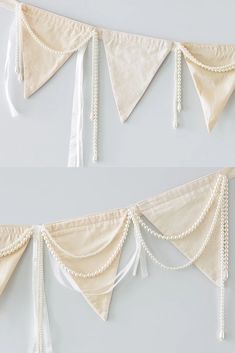 two pictures of the same fabric banner with tassels and pearls hanging from it