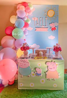 a pepo themed birthday party with balloons and decorations