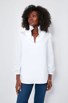 Tuckernuck | White Poplin Ruffle Neck Bouvier Blouse at Tuckernuck - Shop now and find your favorite styles. Chic Tops With Ruffled Collar For Work, Elegant Workwear Shirt With Ruffled Collar, Feminine Ruffled Collar Office Top, Elegant Ruffled Collar Top For Office, Elegant Top With Ruffled Collar For Office, Feminine Office Top With Ruffled Collar, Feminine Office Tops With Ruffled Collar, Feminine Office Shirt With Ruffled Collar, Classic Shirt With Ruffled Collar For Office