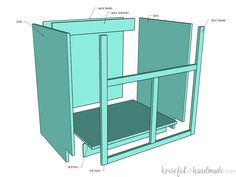 an image of a blue cabinet with measurements on the front and side panels labeled in