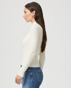 This ivory long sleeve high neck top is made from an incredibly soft and comfortable ribbed knit material with a flattering stitch detail at the waistline. Pair the Raisa Top with any shade of denim in your closet. | Raisa Top - Ivory | Size Large White Ribbed Fitted Turtleneck, Chic White Ribbed Turtleneck, High Neck Long Sleeve Top, Chic Cardigan, Cardigan Knitted, High Neck Top, Jeans Rock, Knitting Materials, Apricot