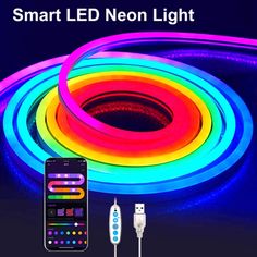 the smart led neon light with remote control is shown next to an iphone and other accessories