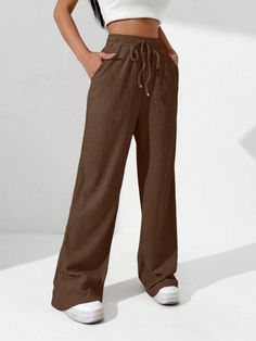 Brown Drawstring Waist Wide Leg Pants Coffee Brown Casual   Fabric Plain Wide Leg Medium Stretch  Women Clothing, size features are:Bust: ,Length: ,Sleeve Length: Brown Summer Pants, Flowy Pants Outfit, Brown Cotton Pants, Cotton Pants Women, Flowy Pants, Brown Pants, Summer Pants, Pantalon Large, Coffee Brown