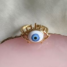 Copper Ring  Gold Plated Adjustable Back Blue Eye Design Blue Open Ring Metal Jewelry, Blue Metal Open Ring Jewelry, Blue Open Ring Metal Ring, Blue Open Ring Made Of Metal, Blue Metal Open Ring, Trendy Handmade Blue Ring, Trendy Handmade Blue Rings, Nickel Free Blue Metal Rings, Nickel-free Blue Metal Rings