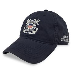 Show your Coast Guard Vet they rock with this great Coast Guard Seal Veteran Hat in navy100% CottonRelaxed twill hatFabric strap with brass slide buckle in backEmbroidered "USCG Veteran" and Coast Guard Seal logo design Navy Hat With Embroidered Logo And Flat Brim, Navy Flat Brim Hat With Embroidered Logo, Navy Curved Bill Hat With Embroidered Logo, Navy Flat Brim Baseball Cap With Logo Patch, Navy Flat Brim Hat With Logo Patch, Military Hat With Adjustable Logo Patch, Navy Cotton Hat With Logo Patch, Navy Baseball Cap With Logo Patch And Curved Bill, Navy Baseball Cap With Logo Patch