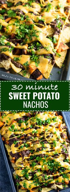 an image of sweet potato nachos with melted cheese and parsley on top