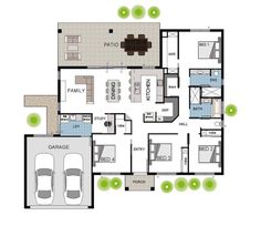 a floor plan for a house with two car garages and an attached patio area