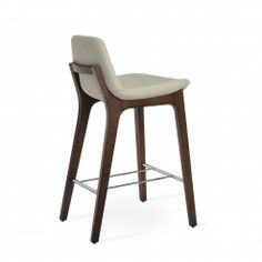 an image of a bar stool with white upholstered seat and wood frame legs