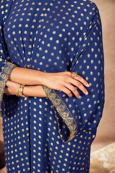 Blue kaftan featuring palmscape printed motifs, embroidered sequined borders, kinari detail, front gathers and side slits. - Aza Fashions Festive Blue Kaftan With Dupatta, Blue Kaftan With Zari Work For Diwali, Blue Zari Work Kaftan For Diwali, Blue Kaftan With Dupatta For Festivals, Festival Blue Kaftan With Dupatta, Blue Kaftan For Diwali, Festive Blue Traditional Drape Kaftan, Festive Motifs Kaftan, Festive Blue Kaftan With Kimono Sleeves