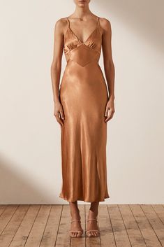 La Lune Backless Midi Dress | Copper | Dresses | Shona Joy Luxury Feminine Satin Dress, Luxury Feminine Party Midi Dress, Luxury Midi Party Dress, Luxury Midi Dress For Wedding Party, Luxury Feminine Viscose Dress, Luxury Feminine Viscose Midi Dress, Luxury Feminine Summer Midi Dress, Bhldn Bridesmaid Dress Sedona Sunset, Copper Dress