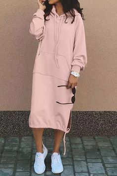 Solid Color Casual Hooded Lace-up Pocket Sweatshirt Style Midi Dress Oversized Hoodie Dress, Hooded Sweater Dress, Winter Streetwear, Pink Wine, Trendy Winter, Hooded Dress, Solid Color Dress, Drawstring Hoodie, Evening Attire