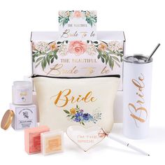 the bride to be gift set includes two personalized gifts, a travel mug, and an envelope