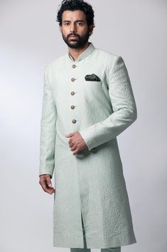 Nautanky-Turquoise Embroidered Sherwani Set-INDIASPOPUP.COM Self Embroidery, Embroidered Sherwani, Blouse Yoke, Personal Shopping Service, Embroidered Motifs, Embroidered Neckline, Color Turquoise, Churidar, Textile Prints