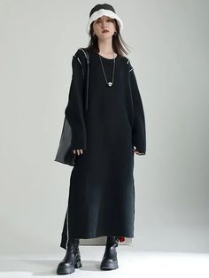 Casual Long Sleeves Loose Solid Color Round-Neck Sweater Dresses Casual Long Black Sweater Dress, Black Long Casual Sweater Dress, Long Black Casual Sweater Dress, Black Long Sweater Dress For Spring, Black Oversized Crew Neck Dress, Casual Oversized Black Sweater Dress, Oversized Black Dress With Crew Neck, Chic Long Black Sweater Dress, Black Velvet Shorts