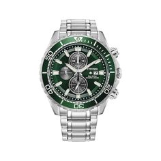 Wear this sporty timepiece from the Citizen Promaster Dive Collection in style—from office meetings to ocean adventures. Crafted in stainless steel, the 45mm case features a bold green dial, a green one-way rotating bezel, luminous hands and markers, impact- and shatter-resistant mineral crystal, 1/5-second chronograph measuring up to 60 minutes, 12/24-hour time and date function. The stainless steel bracelet secures with a push-button fold-over clasp. Citizen Eco-Drive® technology harnesses the Modern Green Chronograph Watch With Tachymeter, Modern Green Chronograph Watch With Analog Display, Modern Green Watch Accessories With Chronometer, Modern Green Chronometer Watch, Green Chronograph Watch With Tachymeter For Outdoor, Green Outdoor Chronograph Watch With Tachymeter, Modern Green Automatic Chronograph Watch, Green Outdoor Watch With Chronometer, Green Automatic Chronograph Watch For Outdoor